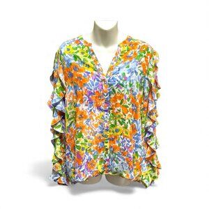 Cato Floral Top LARGE Ruffled Sleeves V Neck Long Sleeve Chiffon Shirt Blouse